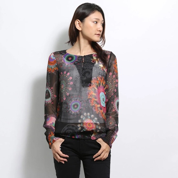 Desigual Long Sleeve Slim Tulle Abstract Blouse, size XS - Picture 1 of 16